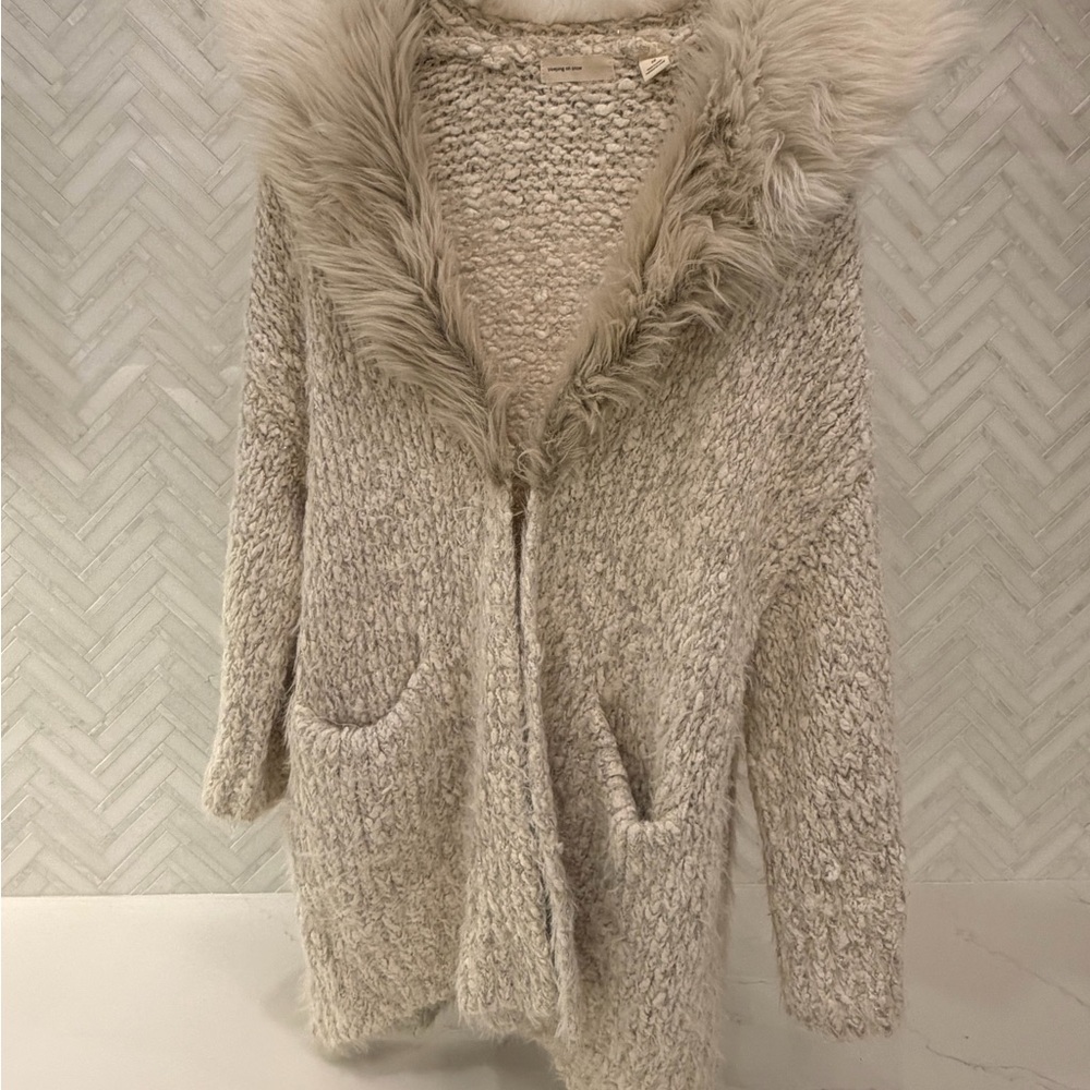 Anthropologie Cream Cardigan with Faux Fur Trim